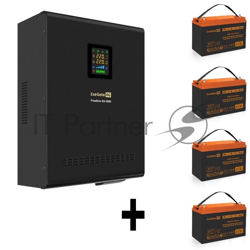 Комплект ИБП EX296003RUS + батарея 100Aч EX285656RUS 4шт (инвертор, синус, для котла, настенный) ExeGate FineSine SX-3000.LCD.AVR.2SH.T <3000VA/2100W, чистая синусоида, цветной LCD-дисплей, AVR, 2*Schuko+клеммы, линейно-интерактивный, крепление насте