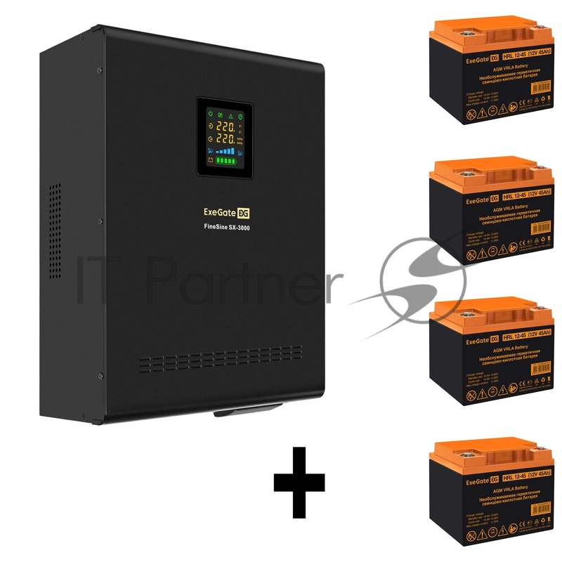 Комплект ИБП EX296003RUS + батарея 45Aч EX285666RUS 4шт (инвертор, синус, для котла, настенный) ExeGate FineSine SX-3000.LCD.AVR.2SH.T <3000VA/2100W, чистая синусоида, цветной LCD-дисплей, AVR, 2*Schuko+клеммы, линейно-интерактивный, крепление настен