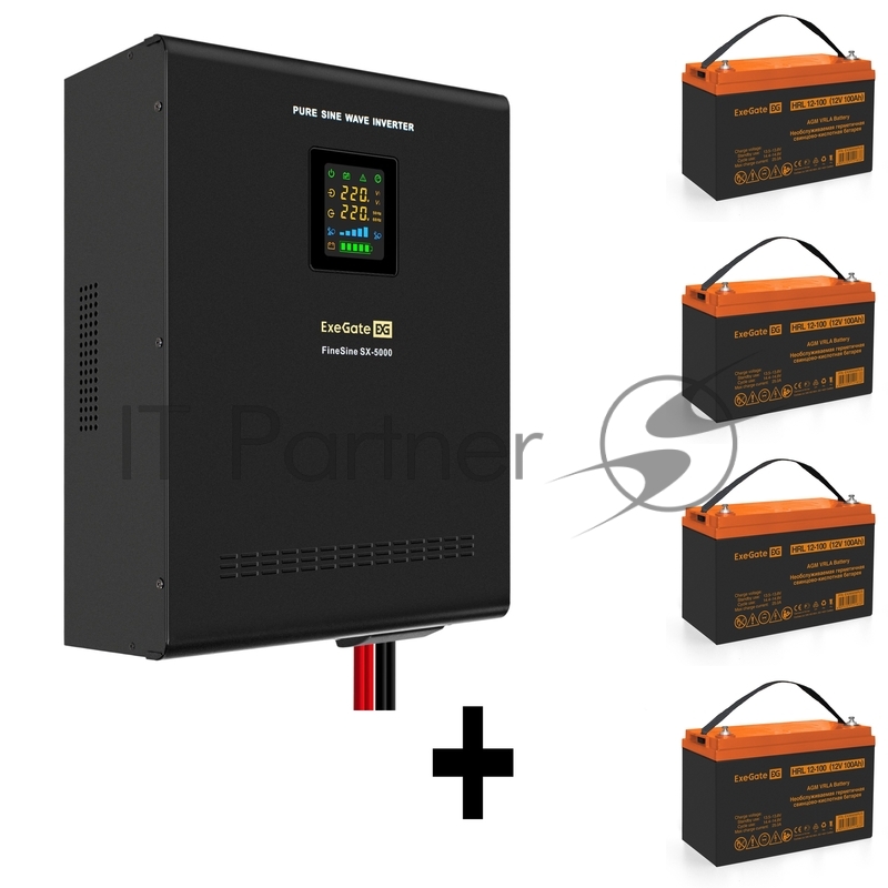 Комплект ИБП EX296004RUS + батарея 100Aч EX285656RUS 4шт (инвертор, синус, для котла, настенный) ExeGate FineSine SX-5000.LCD.AVR.2SH.T <5000VA/3500W, чистая синусоида, цветной LCD-дисплей, AVR, 2*Schuko+клеммы, линейно-интерактивный, крепление насте