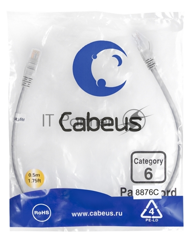 Шнур комм. Cabeus, кат. 6, неэкр., U/UTP, RJ45/RJ45, LSZH, AWG24, 0.5м, серый