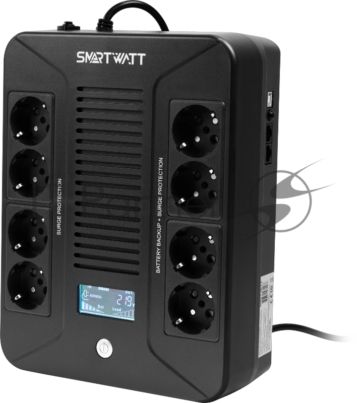 Источник бесперебойного питания SMARTWATT линейно-интерактивный, 1000/600 ВА/Вт, напольный/настенный, LCD дисплей, Shuko CEE7/4 - 8 шт. (4 шт. с резервным питанием, 4 шт. - сетевой фильтр)