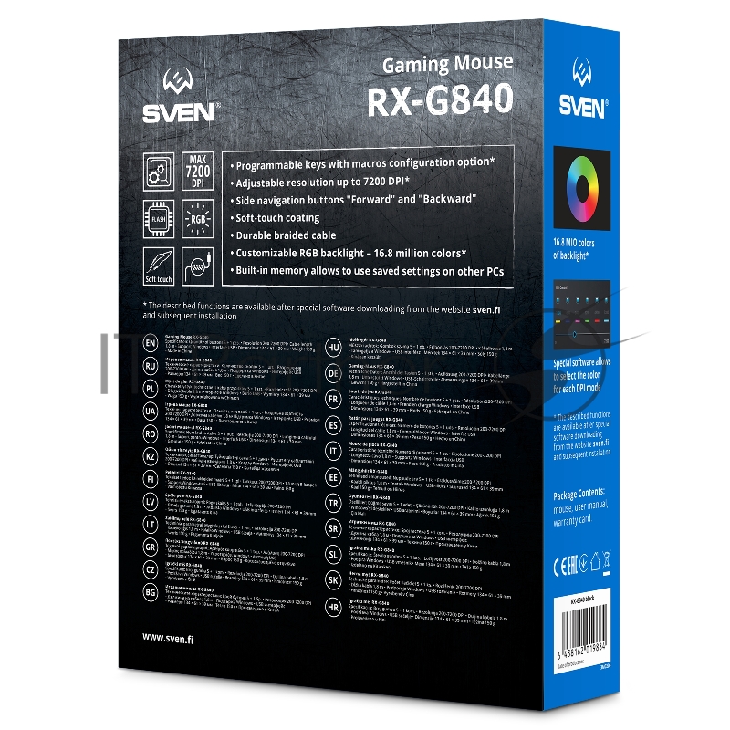 Игровая мышь SVEN RX-G840 (USB, 6 кн., 7200 DPI, RGB-подсветка)