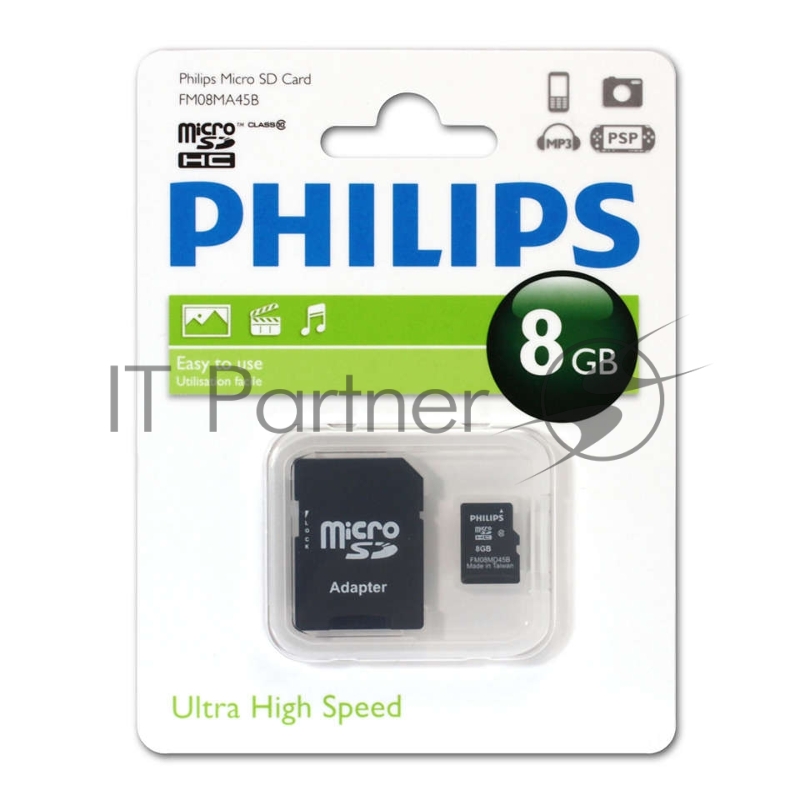Флеш карта microSD 8GB PHILIPS microSDHC Class 10 (SD адаптер)