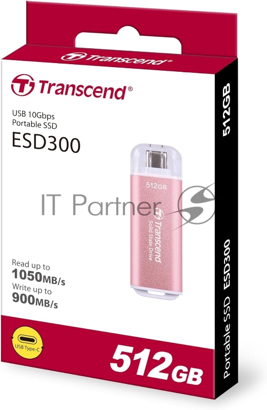 Внешний SSD External SSD Transcend 512Gb ESD300 <TS512GESD300S> (USB3.2 gen 2, Type C, 1050/950Mbs, 3D NAND, 60x20x7.8mm, 9g) розовый