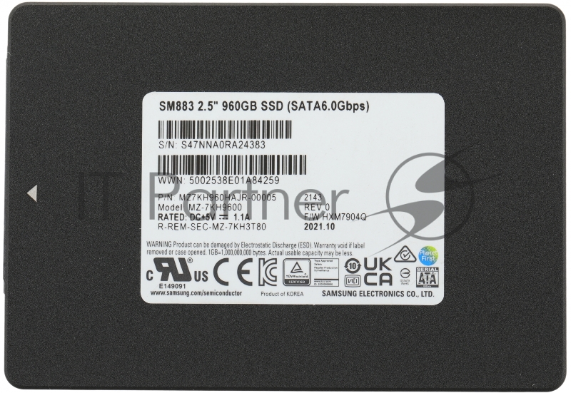 Накопитель Samsung Enterprise SSD, 2.5, SM883, 960GB, SATA, 6Gb/s, R540/W520Mb/s, IOPS(R4K) 97K/29K, MLC, MTBF 2M, 3 DWPD, OEM, 5 years