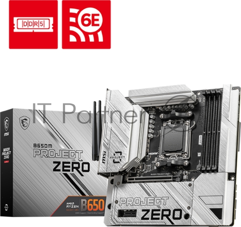 Материнская плата MSI B650M PROJECT ZERO B650, AM5, 4DDR5, 1PCI-Ex16, 2PCI-Ex1, 2M.2, 4SATA3.0, 1USB3.2Gen2x2, 5USB3.2Gen2, 4USB3.2Gen1, 6USB 2.0