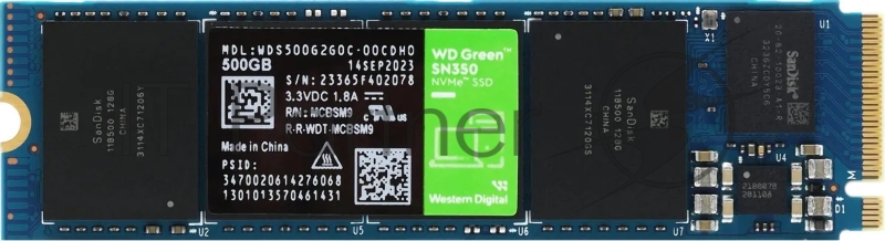 Накопитель Western Digital Green SN350 SSD M.2 2280 NVMe, 500Gb, 2400MBs/1500MBs, TBW 60, WDS500G2G0C, 1 year