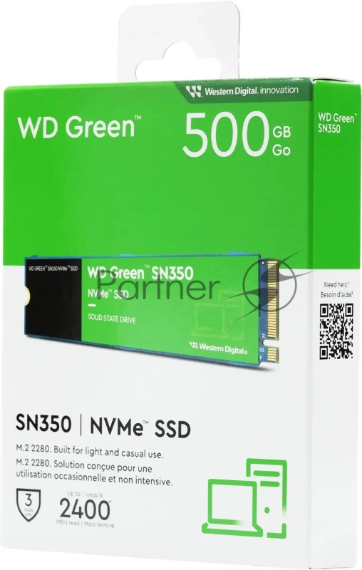 Накопитель Western Digital Green SN350 SSD M.2 2280 NVMe, 500Gb, 2400MBs/1500MBs, TBW 60, WDS500G2G0C, 1 year