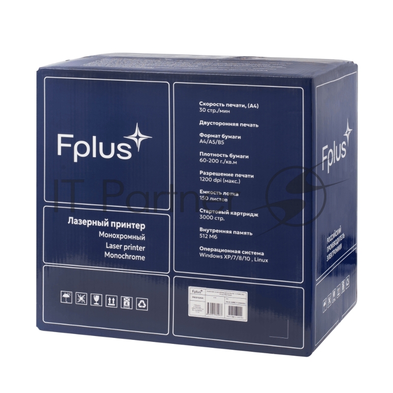 Принтер Fplus лаз. моно, A4, 30 стр./мин, 1200dpi., дуплекс, перв.стр. 4с., лоток 150л., 60-200 гр., USB, Ethernet, Wi-Fi, макс. 65000 стр/мес, 667МГц, 512Мб, старт. карт. 3000 стр, гарантия 3 года