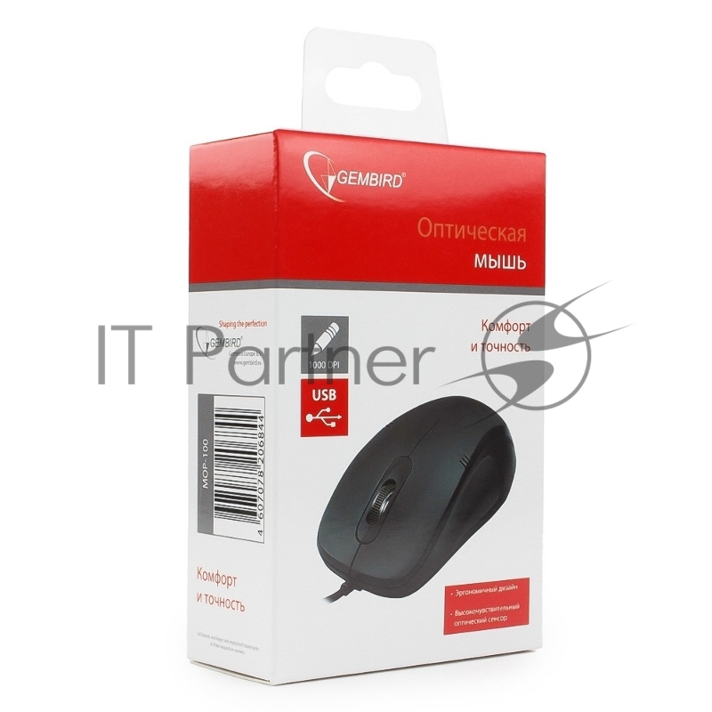 Мышь Gembird MOP-110, USB, черный, 2кн.+колесо-кнопка, 1000 DPI, кабель 1.8м