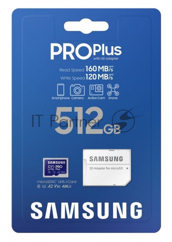 Флеш карта microSDXC 512GB Samsung PRO Plus Class 10, A2, V30, UHS-I (U3), W 130 МБ/с, R 180 МБ/с, <MB-MD512SA/EU> адаптер на SD