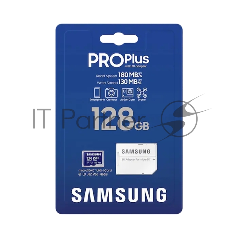 Флеш карта microSDXC 128GB Samsung PRO Plus Class 10, A2, V30, UHS-I (U3), W 130 МБ/с, R 180 МБ/с, <MB-MD128SA/KR> адаптер на SD