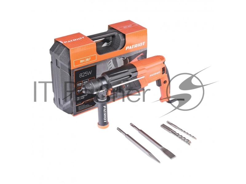 Перфоратор PATRIOT RH 267, SDS+, мощность 825 Вт, 2.8 Дж, 3 режима работы, макс.диаметр 26мм, набор буров и долот, глубиномер, кейс