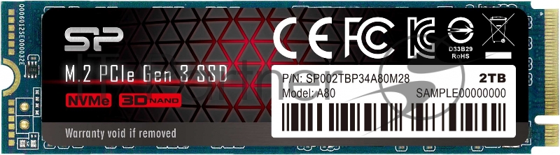 Твердотельный накопитель SSD Silicon Power M.2 2.0TB A80 <SP002TBP34A80M28> (PCI-E 3.0 х4, up to 3400/3000MBs, 3D TLC, NVMe 1.3, 22х80мм)