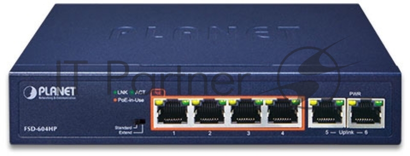 Коммутатор FSD-604HP неуправляемый PoE коммутатор 4-Port 10/100TX 802.3at POE + 2-Port 10/100TX Desktop Switch (60W POE Budget, 250m Extend mode, fanless, internal Power Supply)