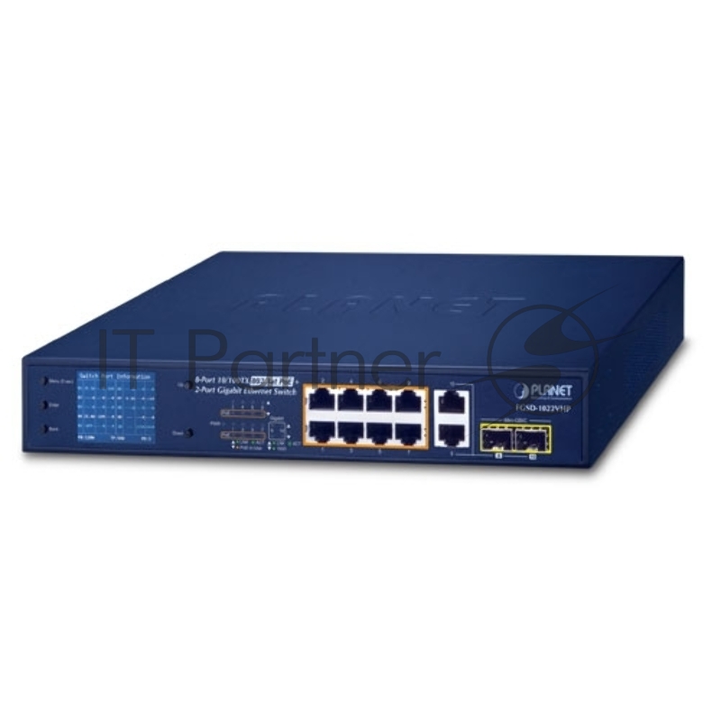 FGSD-1022VHP неуправляемый коммутатор с LCD PoE мниторингом 8-Port 10/100TX 802.3at PoE + 2-Port Gigabit TP/SFP combo Desktop Switch with LCD PoE Monitor (120W)