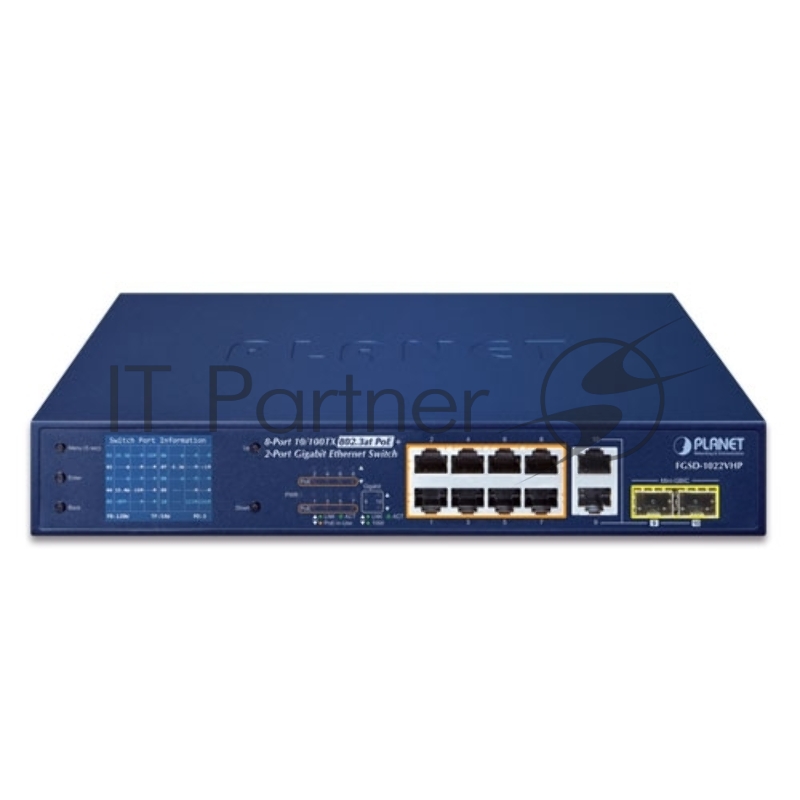 FGSD-1022VHP неуправляемый коммутатор с LCD PoE мниторингом 8-Port 10/100TX 802.3at PoE + 2-Port Gigabit TP/SFP combo Desktop Switch with LCD PoE Monitor (120W)