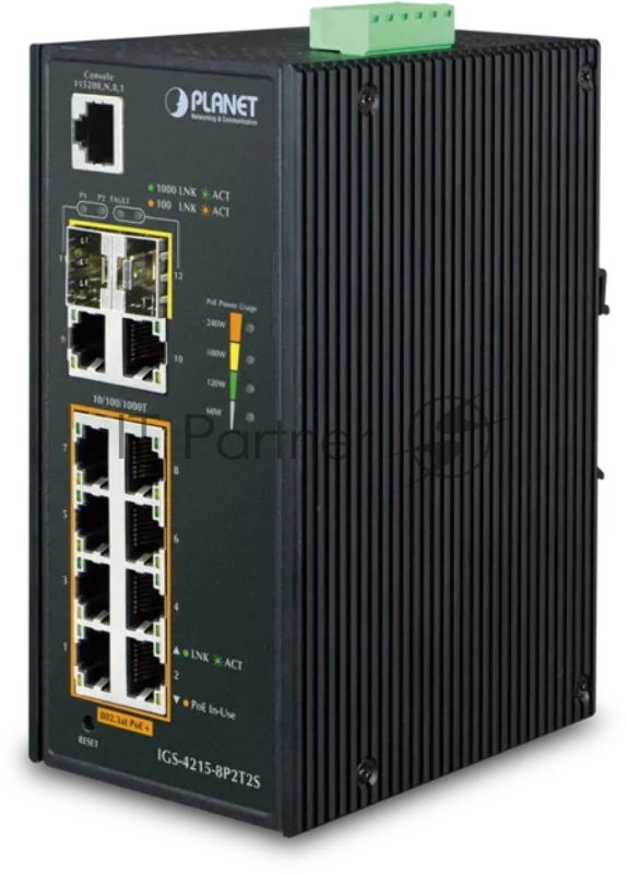IGS-4215-8P2T2S индустриальный PoE коммутатор для монтажа в DIN-рейку IP30 Industrial L2/L4 8-Port 10/100/1000T 802.3at PoE + 2-Port 10/100/100T + 2-Port 100/1000X SFP Managed Switch (-40~75 degrees C), dual redundant power input on 48~56VDC terminal
