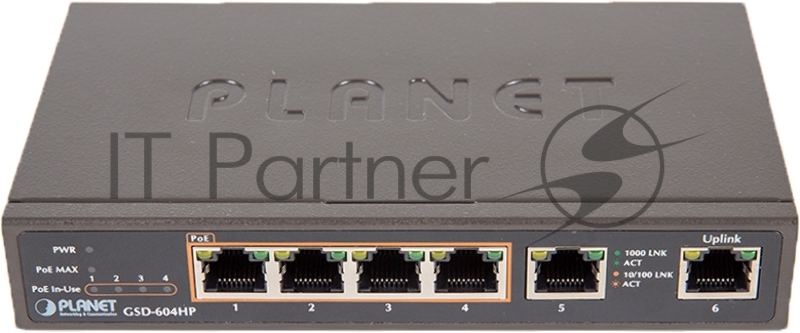 GSD-604HP неуправляемый PoE коммутатор 4-Port 10/100/1000T 802.3at POE + 2-Port 10/100/1000T Desktop Switch (55W POE Budget, External Power Supply)