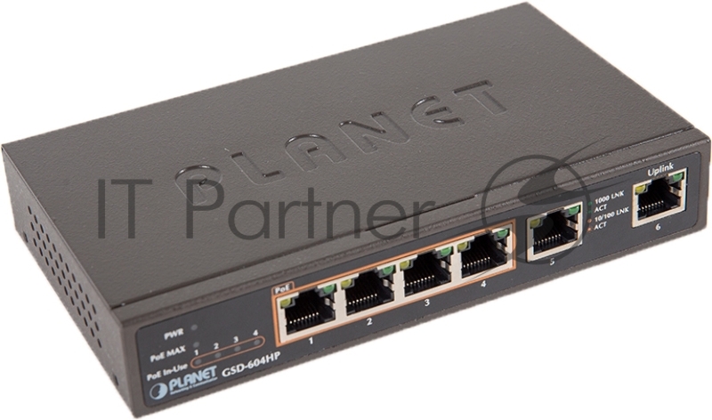 GSD-604HP неуправляемый PoE коммутатор 4-Port 10/100/1000T 802.3at POE + 2-Port 10/100/1000T Desktop Switch (55W POE Budget, External Power Supply)