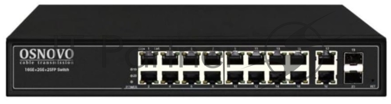 Коммутатор управляемый L2 PoE OSNOVO SW-8182/L(300W) Gigabit Ethernet на 16 RJ45 PoE + 2 x RJ45 + 2 GE SFP портов, до 30W на порт, суммарно до 300W