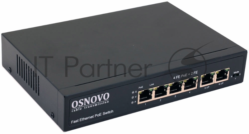 Коммутатор OSNOVO SW-20600(80W) PoE коммутатор 6 портов, 4 PoE порта 10/100 Base-T, 2*10/100 Base-T Uplink, до 30W на порт, суммарно до 80W
