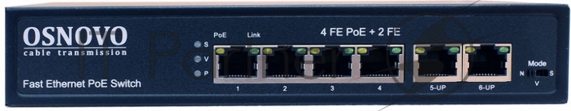 Коммутатор OSNOVO SW-20600(80W) PoE коммутатор 6 портов, 4 PoE порта 10/100 Base-T, 2*10/100 Base-T Uplink, до 30W на порт, суммарно до 80W