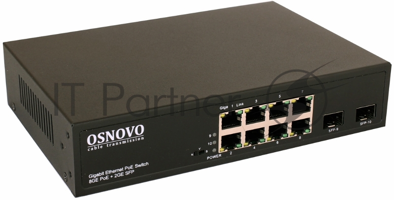 Коммутатор OSNOVO Гигабитный PoE коммутатор на 10 портов, 8 *10/100/1000 Base-T PoE, 2*SFP 1000 Base-T, PoE на порт до 30W, суммарно до 150W