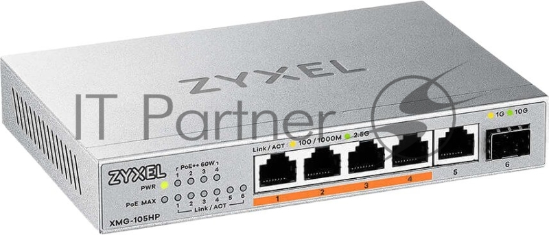 Коммутатор Zyxel XMG-105HP-EU0101F (L2) 5x2.5Гбит/с 1SFP+ 4PoE++ 70W неуправляемый