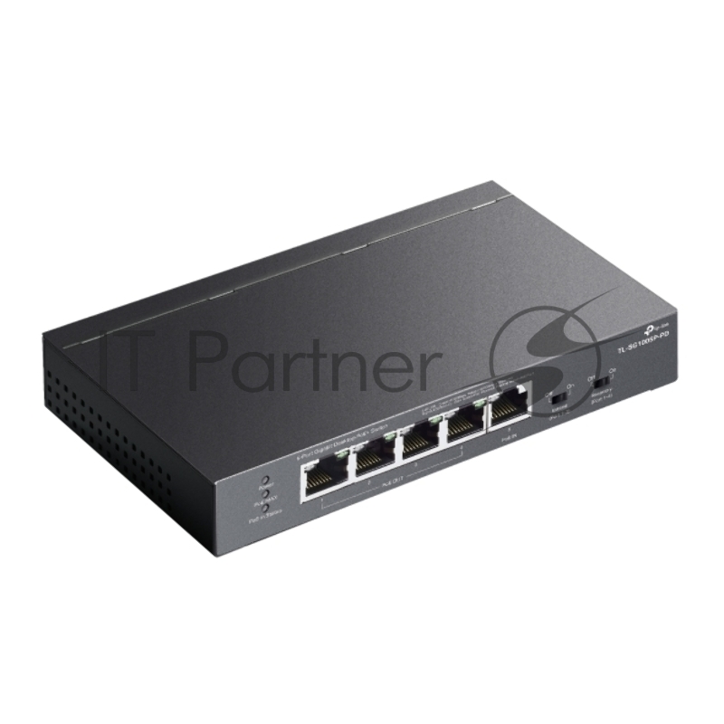 Настольный коммутатор TP-Link TL-SG1005P-PD с 5 гиг. портами (1 порт с входящим PoE++, 4 порта с исходящим PoE+), бюджет PoE: 9, 21, 47 или 66 Вт (зависит от используемого стандарта входящего PoE)