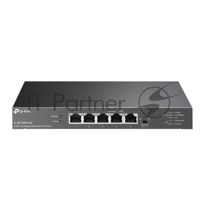 Настольный коммутатор TP-Link TL-SG105PP-M2 с 5 портами 2,5 Гбит/с (4 порта PoE++), 802.3af/at/bt 3-го типа, бюджет PoE — 123 Вт, стальной настольный корпус