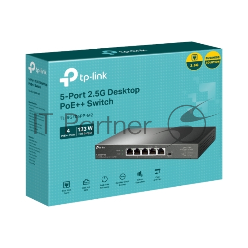 Настольный коммутатор TP-Link TL-SG105PP-M2 с 5 портами 2,5 Гбит/с (4 порта PoE++), 802.3af/at/bt 3-го типа, бюджет PoE — 123 Вт, стальной настольный корпус