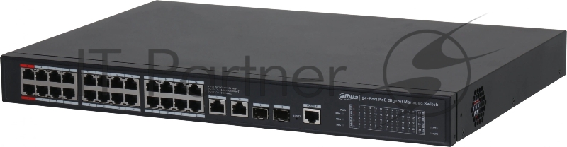 24-портовый гигабитный управляемый коммутатор с PoE DAHUA, уровень L2 Порты: 24 RJ45 10/100/1000Мбит/с IEEE802.3af/IEEE802.3at/Hi-PoE 2 RJ45 10/100/1000Мбит/с (uplink), 2 SFP 1000Мбит/с