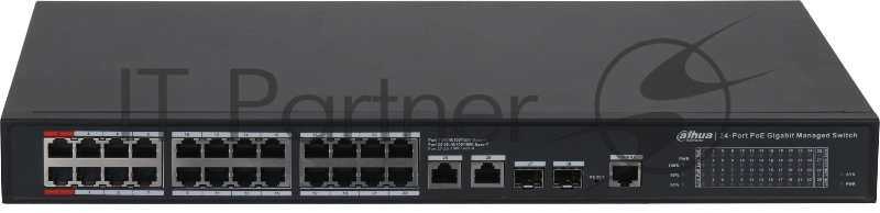 24-портовый гигабитный управляемый коммутатор с PoE DAHUA, уровень L2 Порты: 24 RJ45 10/100/1000Мбит/с IEEE802.3af/IEEE802.3at/Hi-PoE 2 RJ45 10/100/1000Мбит/с (uplink), 2 SFP 1000Мбит/с