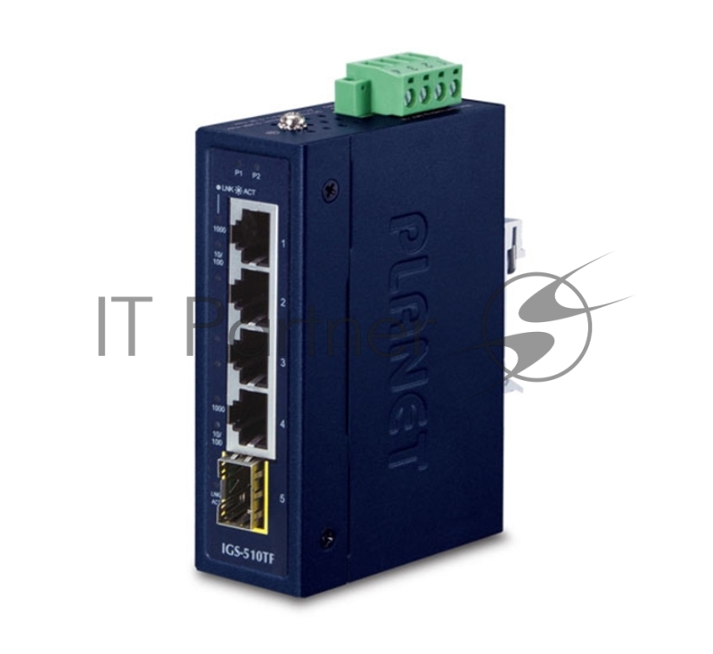 Коммутатор PLANET IGS-510TF IP30 Compact size 4-Port 10/100/1000T + 1-Port 100/1000X SFP Gigabit Ethernet Switch (-40~75 degrees C, dual 9~48V DC/24V AC)