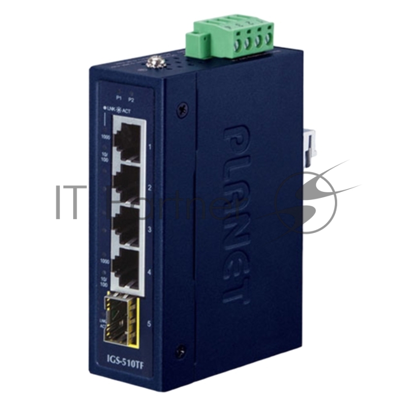 Коммутатор PLANET IGS-510TF IP30 Compact size 4-Port 10/100/1000T + 1-Port 100/1000X SFP Gigabit Ethernet Switch (-40~75 degrees C, dual 9~48V DC/24V AC)