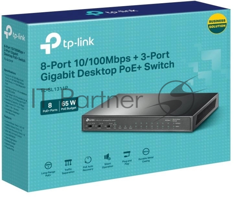 Настольный коммутатор TP-Link TL-SL1311P, 8 портов 10/100 Мбит/с с поддержкой PoE+, 2 гигабитных порта без поддержки PoE, 1 порт SFP, 802.3af/at, бюджет PoE — 65 Вт, стальной корпус