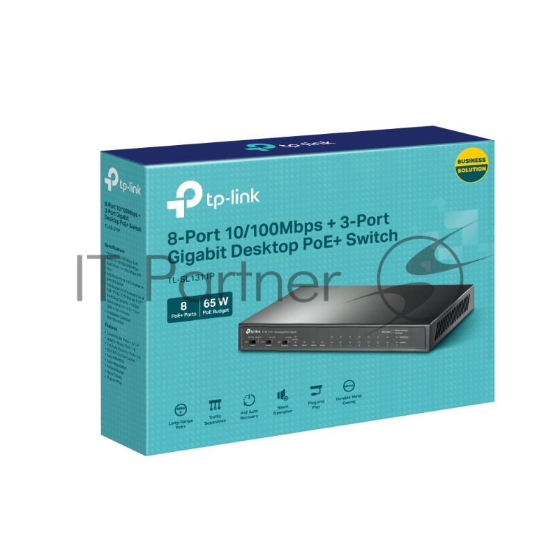 Настольный коммутатор TP-Link TL-SL1311P, 8 портов 10/100 Мбит/с с поддержкой PoE+, 2 гигабитных порта без поддержки PoE, 1 порт SFP, 802.3af/at, бюджет PoE — 65 Вт, стальной корпус