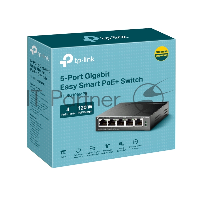Коммутатор TP-Link TL-SG105MPE Easy Smart с 5 гигабитными портами (4 порта PoE+), 802.3af/at, бюджет PoE — 120 Вт, стальной корпус