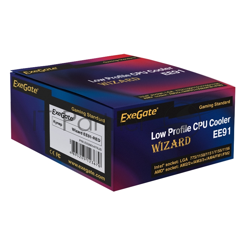 Кулер ExeGate Wizard EE91-PWM.RED (Al, LGA775/1150/1151/1155/1156/120 TDP 75W, Fan 90mm, PWM, 800-2400RPM, Hydro bearing, 4pin, 11-24db, 215г, красная подсветка, с термопастой, на защелках, Co