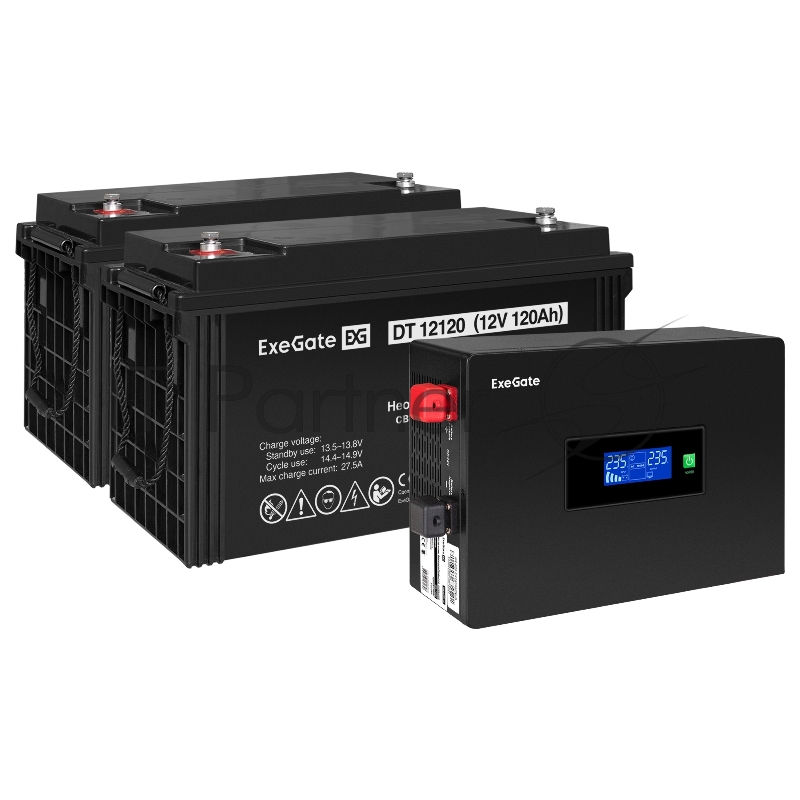 Комплект ИБП EX295994RUS + батарея 120Aч EX282988RUS 2шт (инвертор, синус, для котла, PF=1, настенный) ExeGate IdealSine SR-1500.LCD.2SH <1500VA/1500W, чистая синусоида, цветной LCD-дисплей, 2*Schuko, крепление настенное, Black> + батарея ExeGate DT