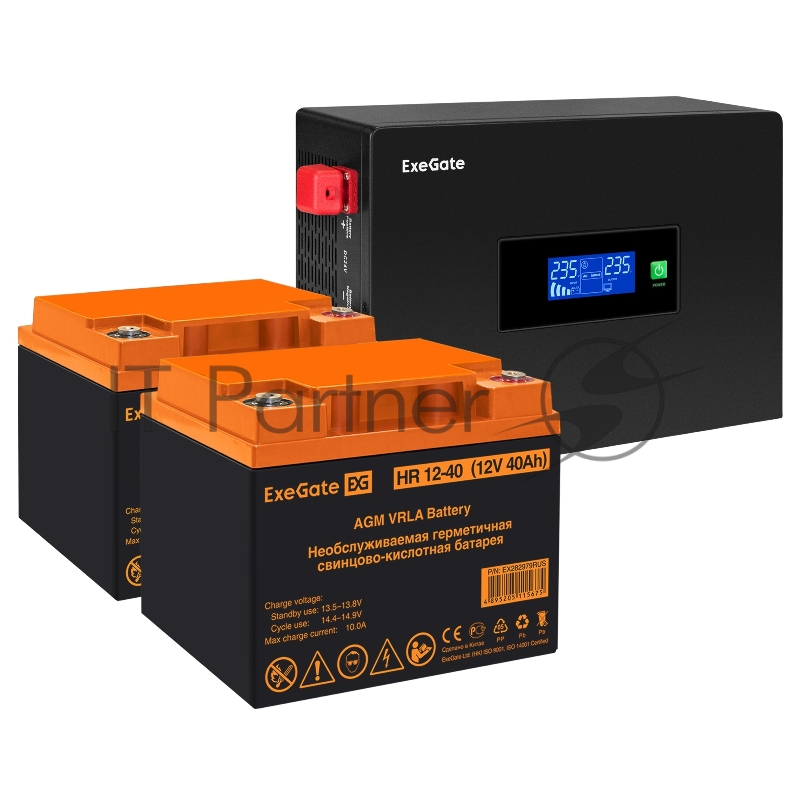Комплект ИБП EX295994RUS + батарея 40Aч EX282979RUS 2шт (инвертор, синус, для котла, PF=1, настенный) ExeGate IdealSine SR-1500.LCD.2SH <1500VA/1500W, чистая синусоида, цветной LCD-дисплей, 2*Schuko, крепление настенное, Black> + батарея ExeGate HR