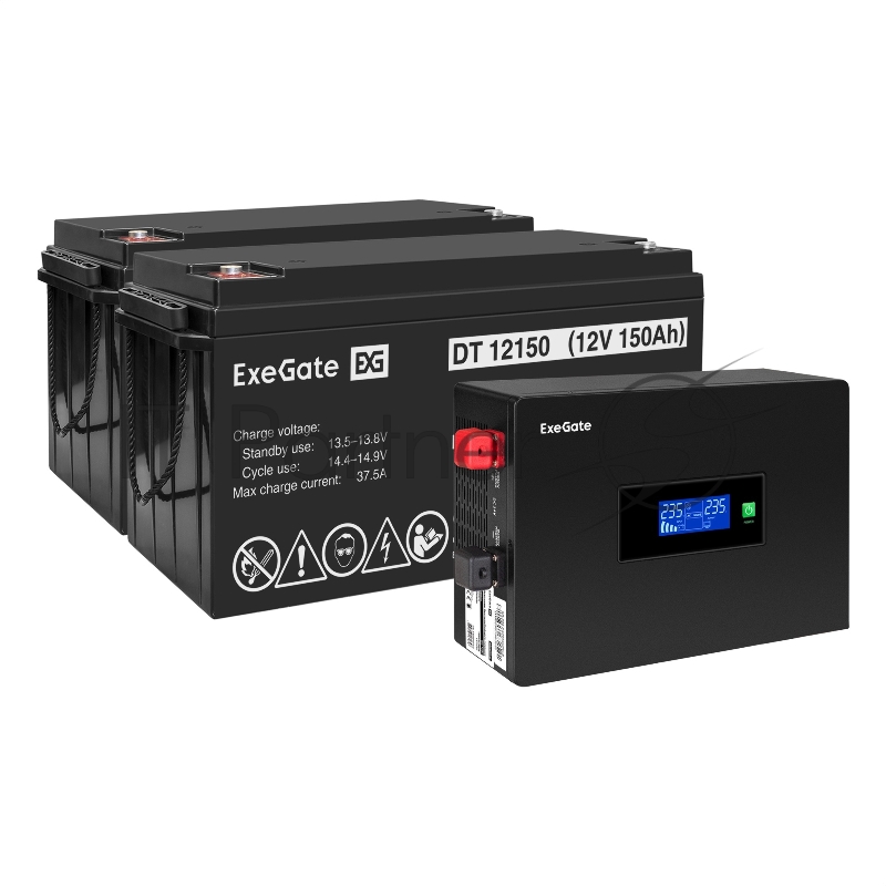 Комплект ИБП EX295994RUS + батарея 150Aч EX282990RUS 2шт (инвертор, синус, для котла, PF=1, настенный) ExeGate IdealSine SR-1500.LCD.2SH <1500VA/1500W, чистая синусоида, цветной LCD-дисплей, 2*Schuko, крепление настенное, Black> + батарея ExeGate DT