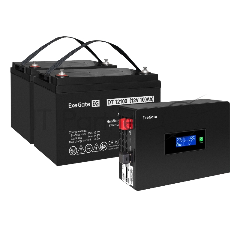 Комплект ИБП EX295994RUS + батарея 100Aч EX282985RUS 2шт (инвертор, синус, для котла, PF=1, настенный) ExeGate IdealSine SR-1500.LCD.2SH <1500VA/1500W, чистая синусоида, цветной LCD-дисплей, 2*Schuko, крепление настенное, Black> + батарея ExeGate DT