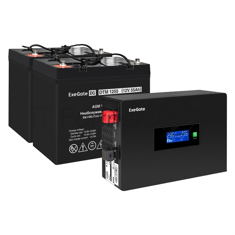 Комплект ИБП EX295994RUS + батарея 55Aч EX285667RUS 2шт (инвертор, синус, для котла, PF=1, настенный) ExeGate IdealSine SR-1500.LCD.2SH <1500VA/1500W, чистая синусоида, цветной LCD-дисплей, 2*Schuko, крепление настенное, Black> + батарея ExeGate DTM