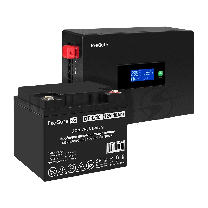 Комплект ИБП EX295993RUS + батарея 40Aч EX282976RUS 1шт (инвертор, синус, для котла, PF=1, настенный) ExeGate IdealSine SR-1000.LCD.2SH <1000VA/1000W, чистая синусоида, цветной LCD-дисплей, 2*Schuko, крепление настенное, Black> + батарея ExeGate DT