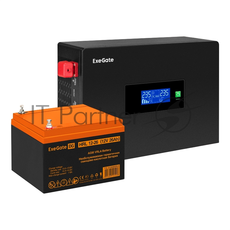 Комплект ИБП EX295993RUS + батарея 26Aч EX285663RUS 1шт (инвертор, синус, для котла, PF=1, настенный) ExeGate IdealSine SR-1000.LCD.2SH <1000VA/1000W, чистая синусоида, цветной LCD-дисплей, 2*Schuko, крепление настенное, Black> + батарея ExeGate HRL