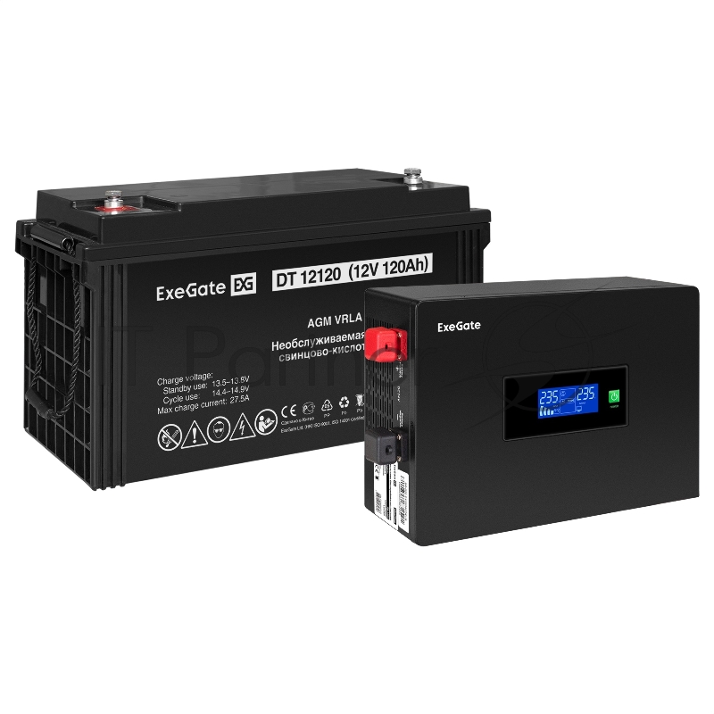 Комплект ИБП EX295992RUS + батарея 120Aч EX282988RUS 1шт (инвертор, синус, для котла, PF=1, настенный) ExeGate IdealSine SR-600.LCD.2SH <600VA/600W, чистая синусоида, цветной LCD-дисплей, 2*Schuko, крепление настенное, Black> + батарея ExeGate DT 121