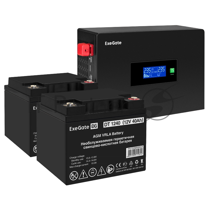 Комплект ИБП EX295994RUS + батарея 40Aч EX282976RUS 2шт (инвертор, синус, для котла, PF=1, настенный) ExeGate IdealSine SR-1500.LCD.2SH <1500VA/1500W, чистая синусоида, цветной LCD-дисплей, 2*Schuko, крепление настенное, Black> + батарея ExeGate DT