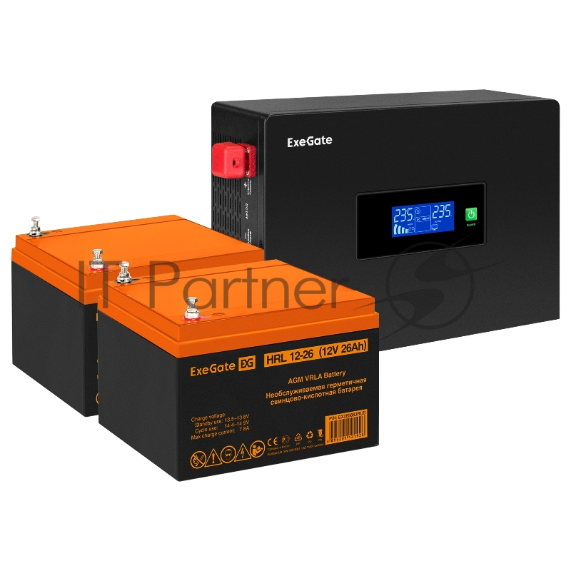 Комплект ИБП EX295994RUS + батарея 26Aч EX285663RUS 2шт (инвертор, синус, для котла, PF=1, настенный) ExeGate IdealSine SR-1500.LCD.2SH <1500VA/1500W, чистая синусоида, цветной LCD-дисплей, 2*Schuko, крепление настенное, Black> + батарея ExeGate HRL
